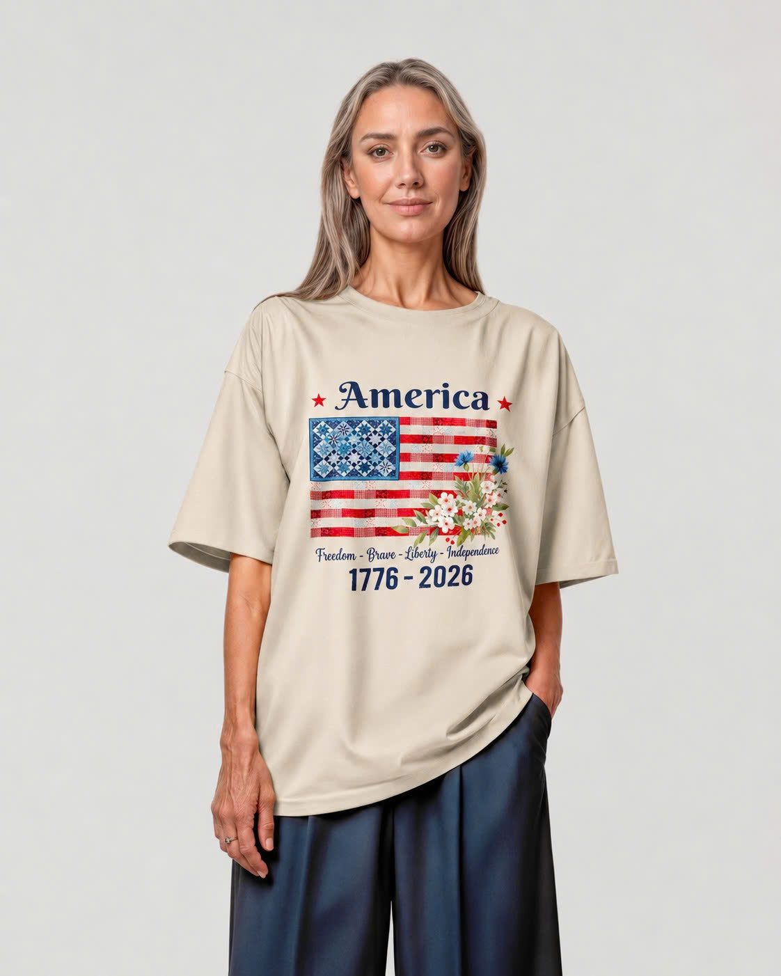 America 1776-2026 Patchwork Flag Floral Tee - White view 2