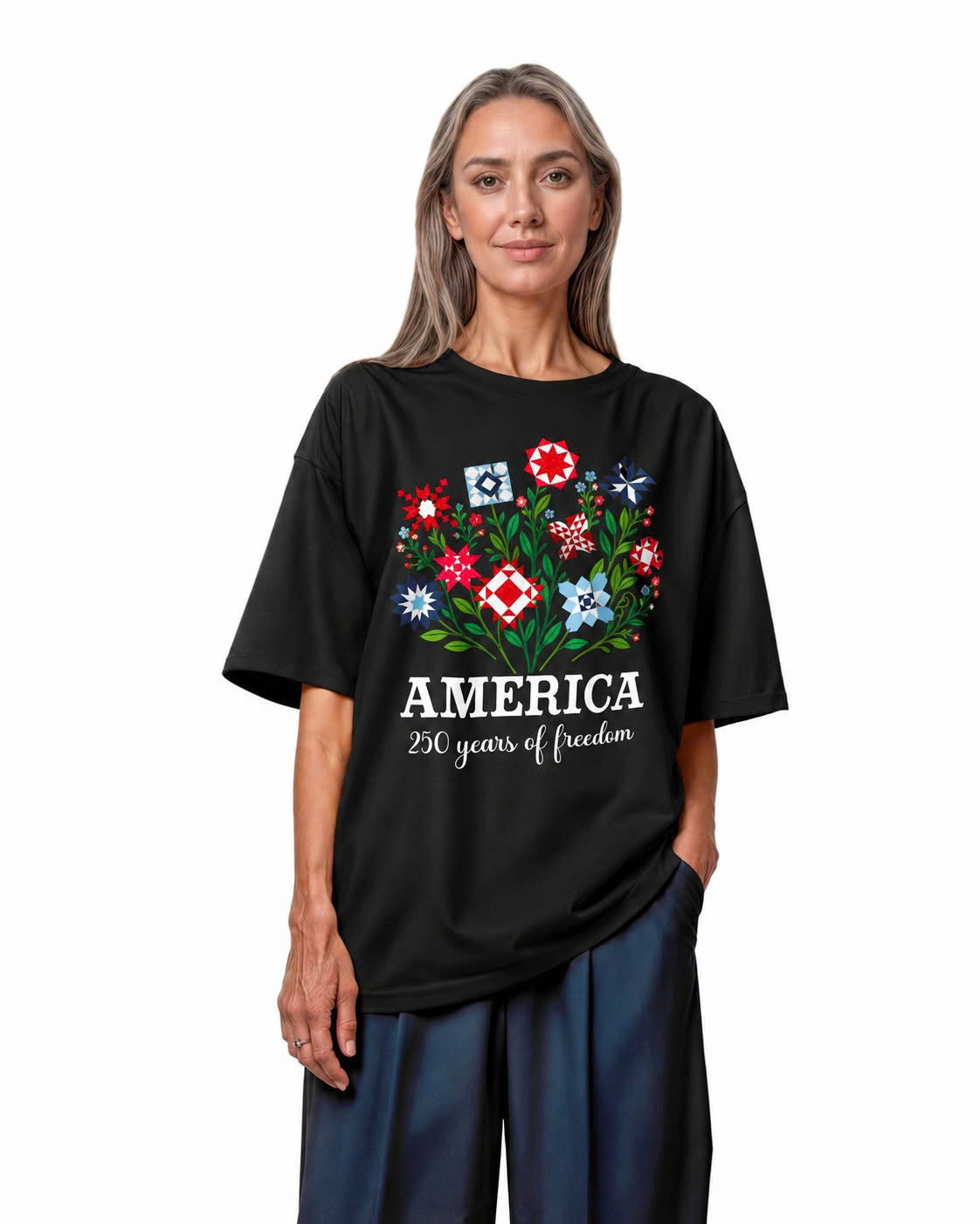 America 250 Floral Quilt Bouquet Tee - Black flatlay 1