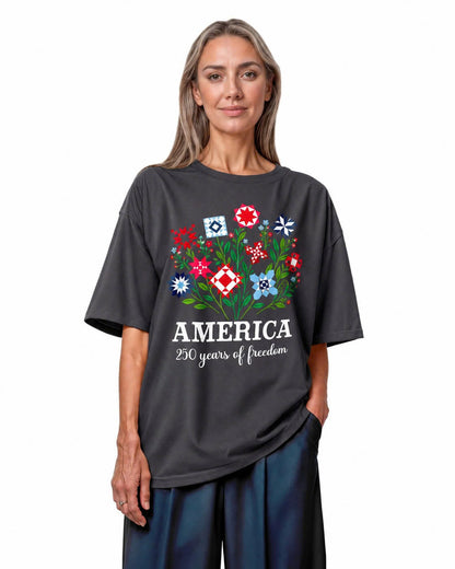 America 250 Floral Quilt Bouquet Tee - Charcoal flatlay 1