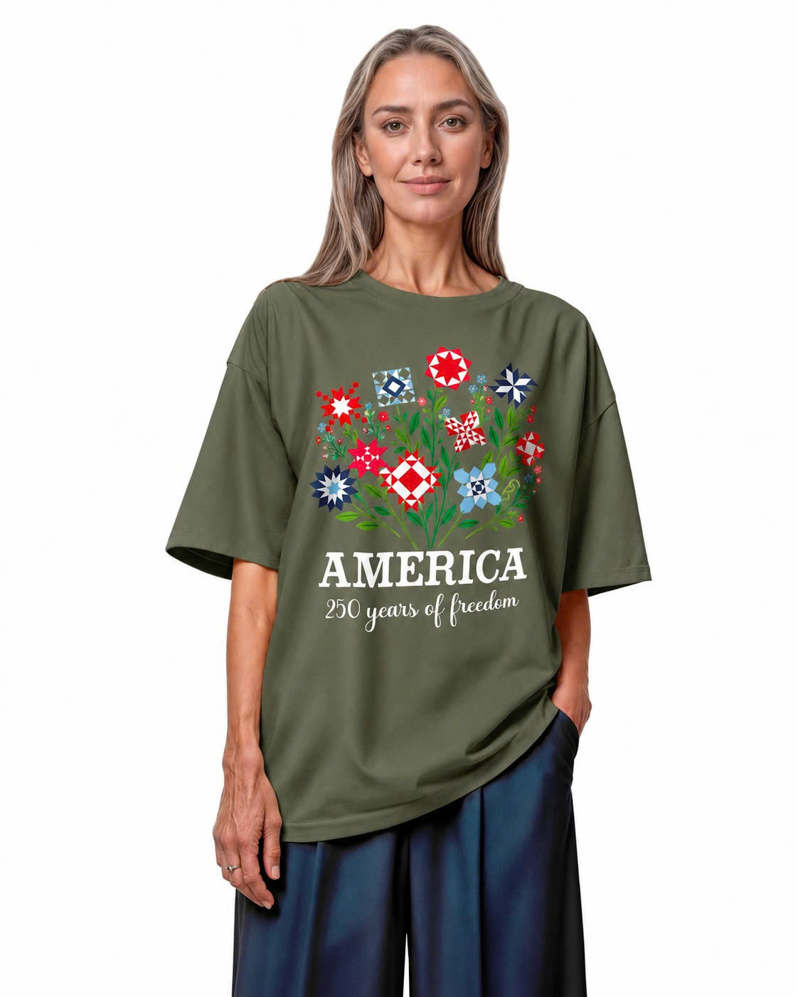 America 250 Floral Quilt Bouquet Tee - Military Green flatlay 1