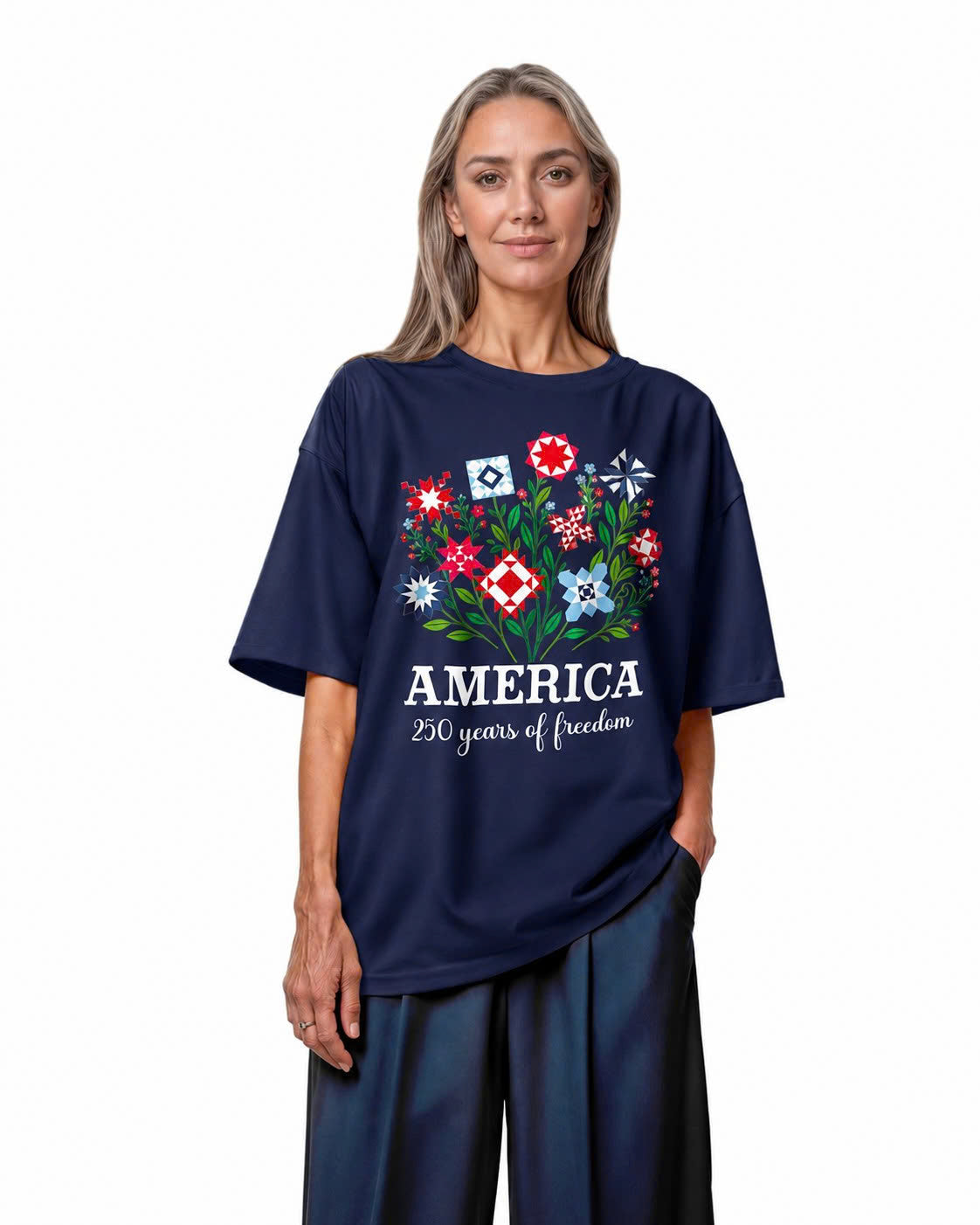 America 250 Floral Quilt Bouquet Tee - Navy flatlay 1