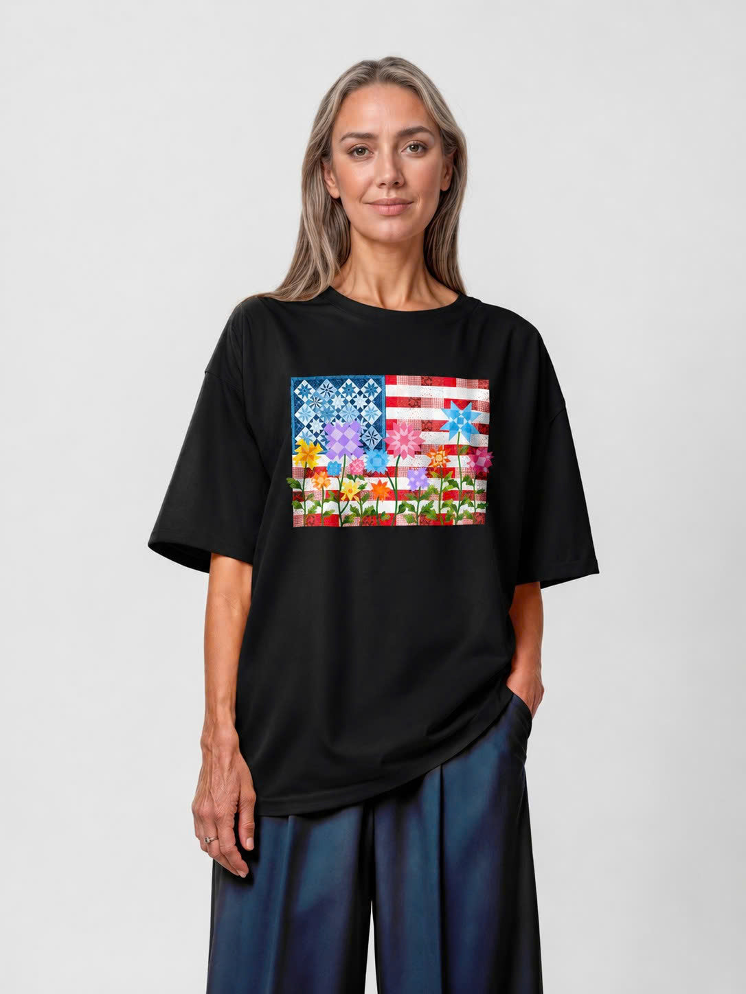 America Quilt Flag Multicolor Flowers Tee - Black flatlay 1