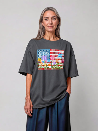 America Quilt Flag Multicolor Flowers Tee - Charcoal flatlay 1