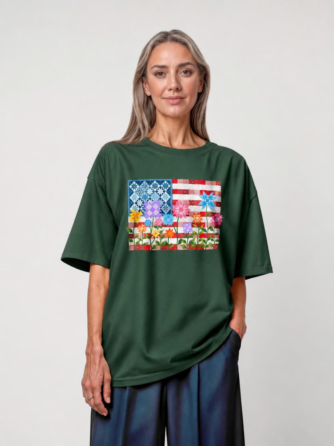 America Quilt Flag Multicolor Flowers Tee - Military Green flatlay 1