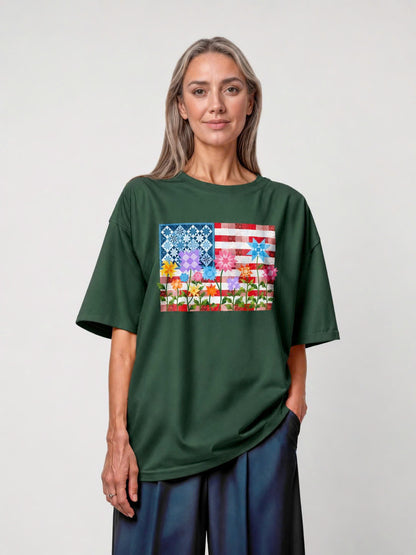 America Quilt Flag Multicolor Flowers Tee - Military Green flatlay 1