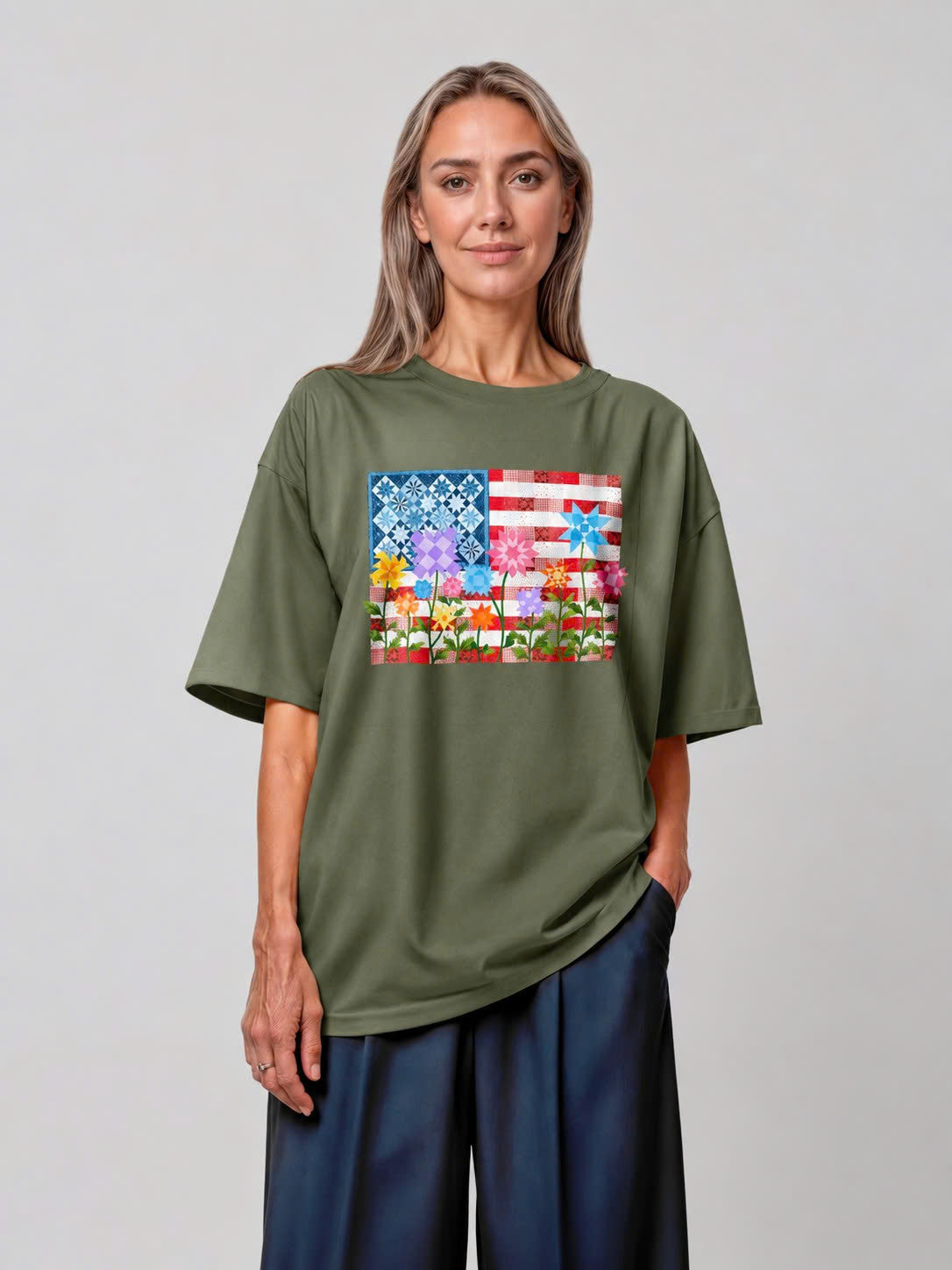 America Quilt Flag Multicolor Flowers Tee - Military Green view 2