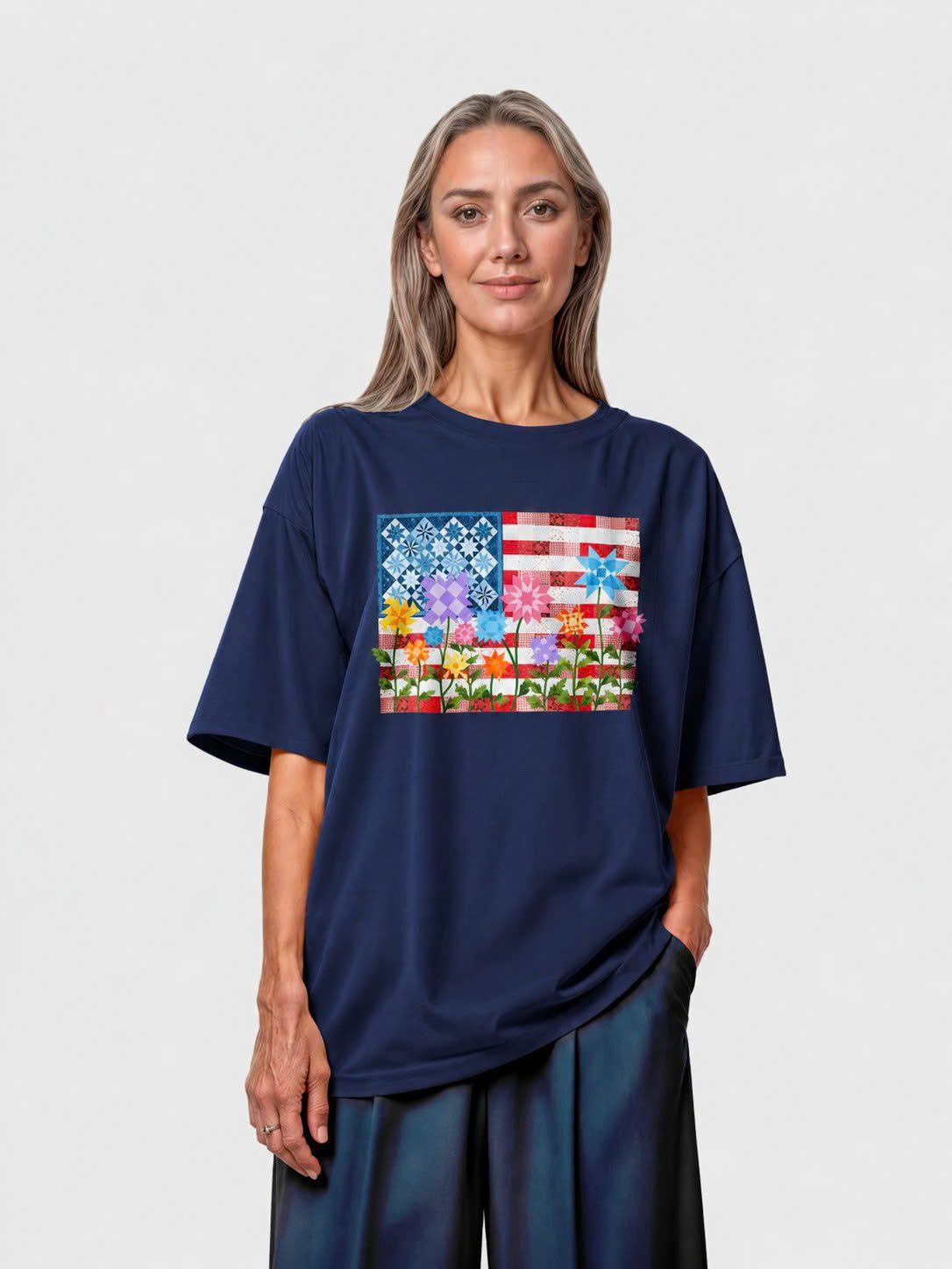 America Quilt Flag Multicolor Flowers Tee - Navy flatlay 1