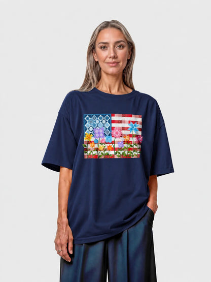 America Quilt Flag Multicolor Flowers Tee - Navy flatlay 1