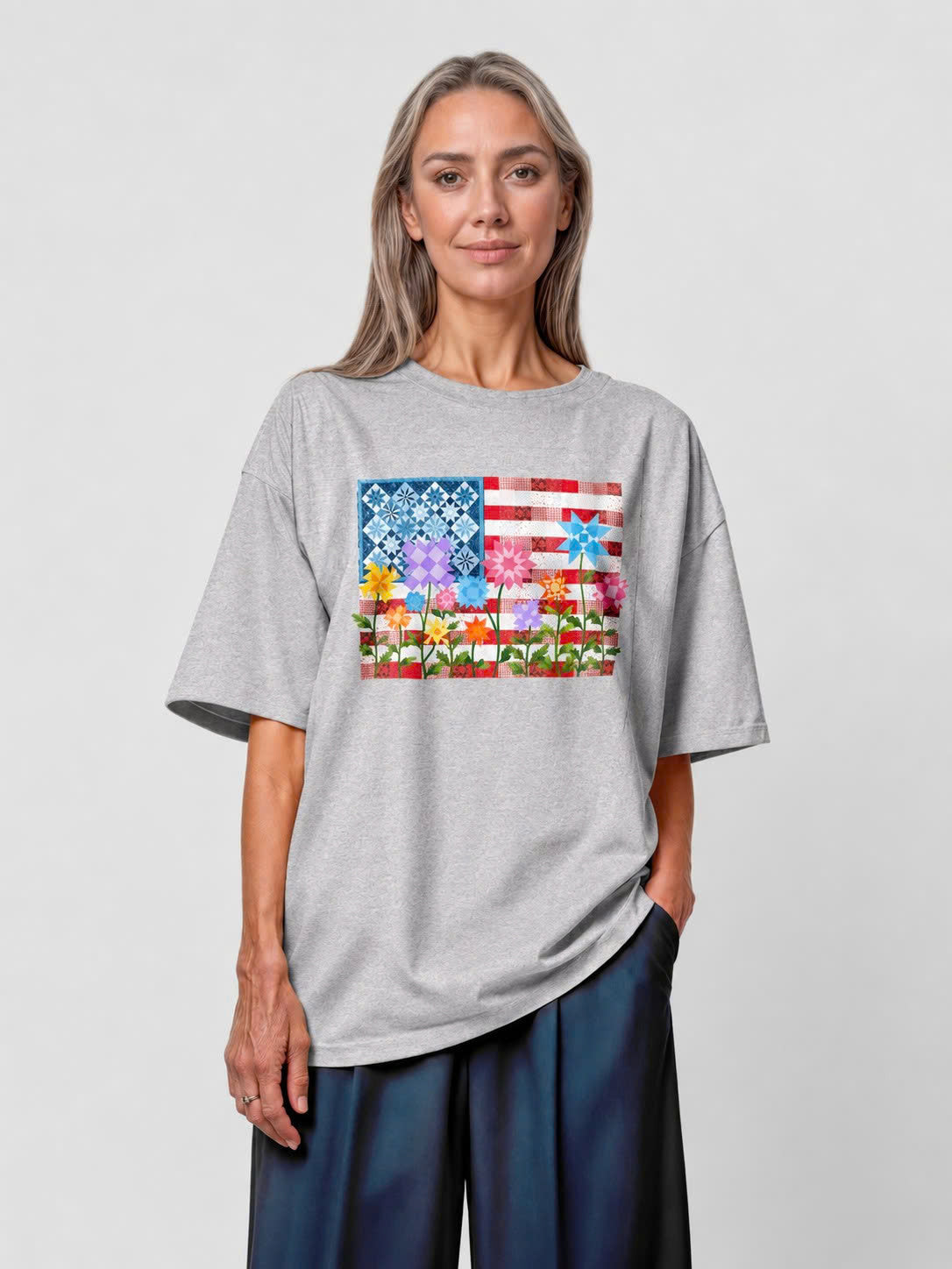 America Quilt Flag Multicolor Flowers Tee - Sport Grey flatlay 1