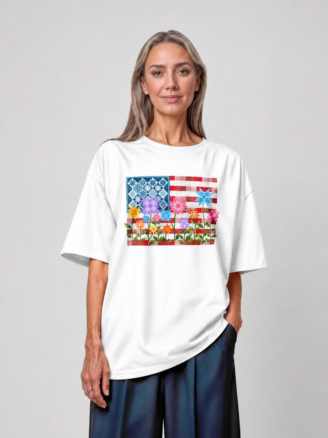 America Quilt Flag Multicolor Flowers Tee - White flatlay 1