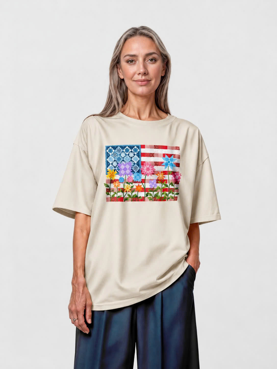America Quilt Flag Multicolor Flowers Tee - White view 2