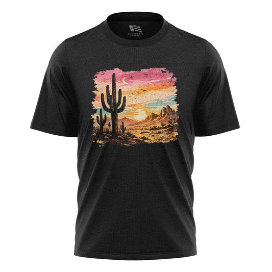 Arizona Desert Sunset Cactus Watercolor Tee - Black flatlay