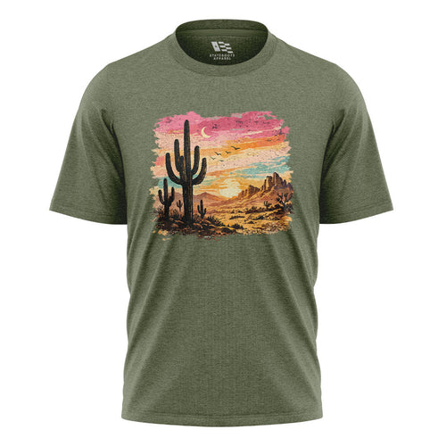 Arizona Desert Sunset Cactus Watercolor Tee - Military Green flatlay