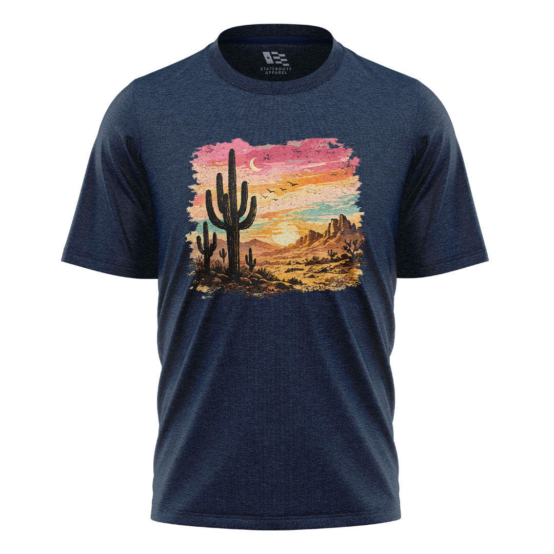 Arizona Desert Sunset Cactus Watercolor Tee - Navy flatlay
