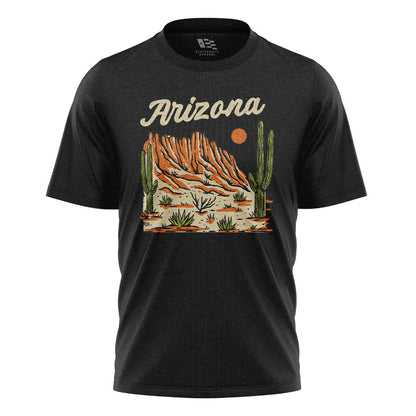 Arizona Script Mountain Saguaro Vintage Desert Tee - Black flatlay