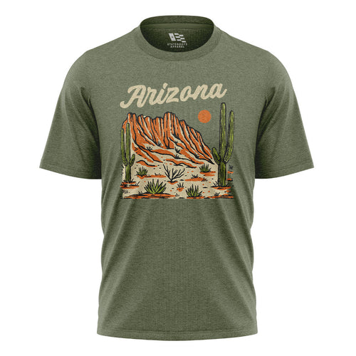 Arizona Script Mountain Saguaro Vintage Desert Tee - Military Green flatlay