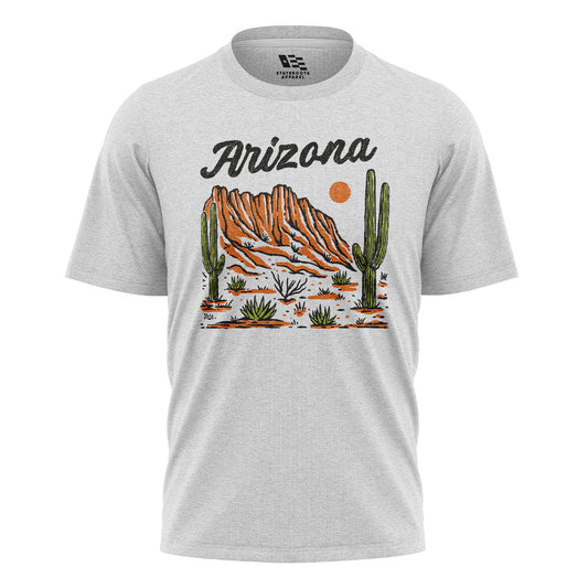 Arizona Script Mountain Saguaro Vintage Desert Tee - White flatlay