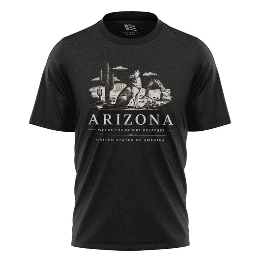 Arizona Where Desert Breathes Coyote Arch Tee - Black flatlay