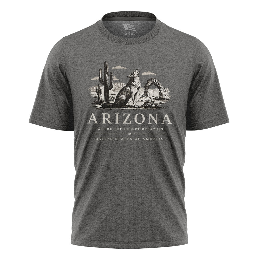 Arizona Where Desert Breathes Coyote Arch Tee - Charcoal flatlay