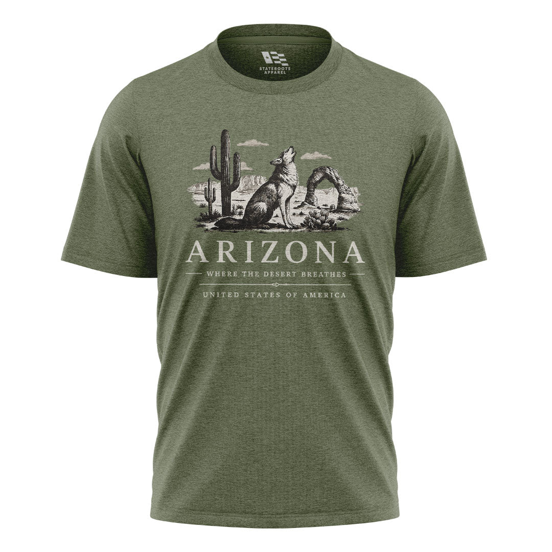 Arizona Where Desert Breathes Coyote Arch Tee - Military Green flatlay