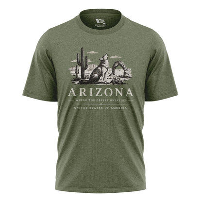 Arizona Where Desert Breathes Coyote Arch Tee - Military Green flatlay