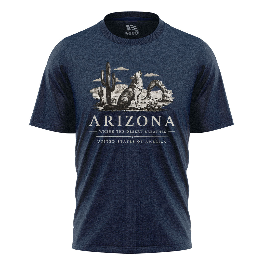 Arizona Where Desert Breathes Coyote Arch Tee - Navy flatlay