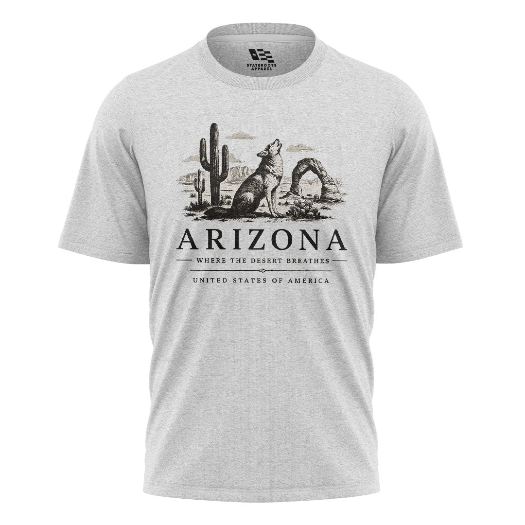 Arizona Where Desert Breathes Coyote Arch Tee - White flatlay