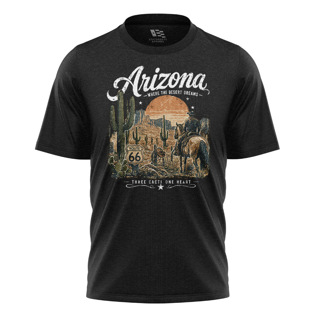 Arizona Where Desert Dreams Cowboy Route 66 Tee - Black flatlay