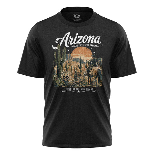Arizona Where Desert Dreams Cowboy Route 66 Tee - Black flatlay