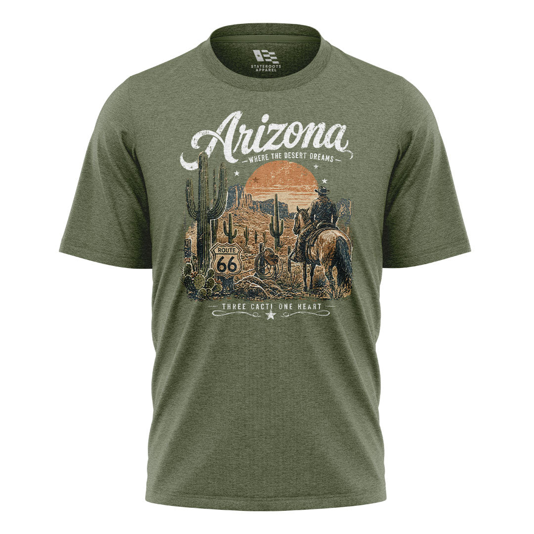 Arizona Where Desert Dreams Cowboy Route 66 Tee - Military Green flatlay