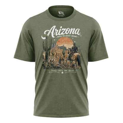 Arizona Where Desert Dreams Cowboy Route 66 Tee - Military Green flatlay