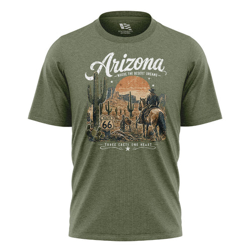 Arizona Where Desert Dreams Cowboy Route 66 Tee - Military Green flatlay