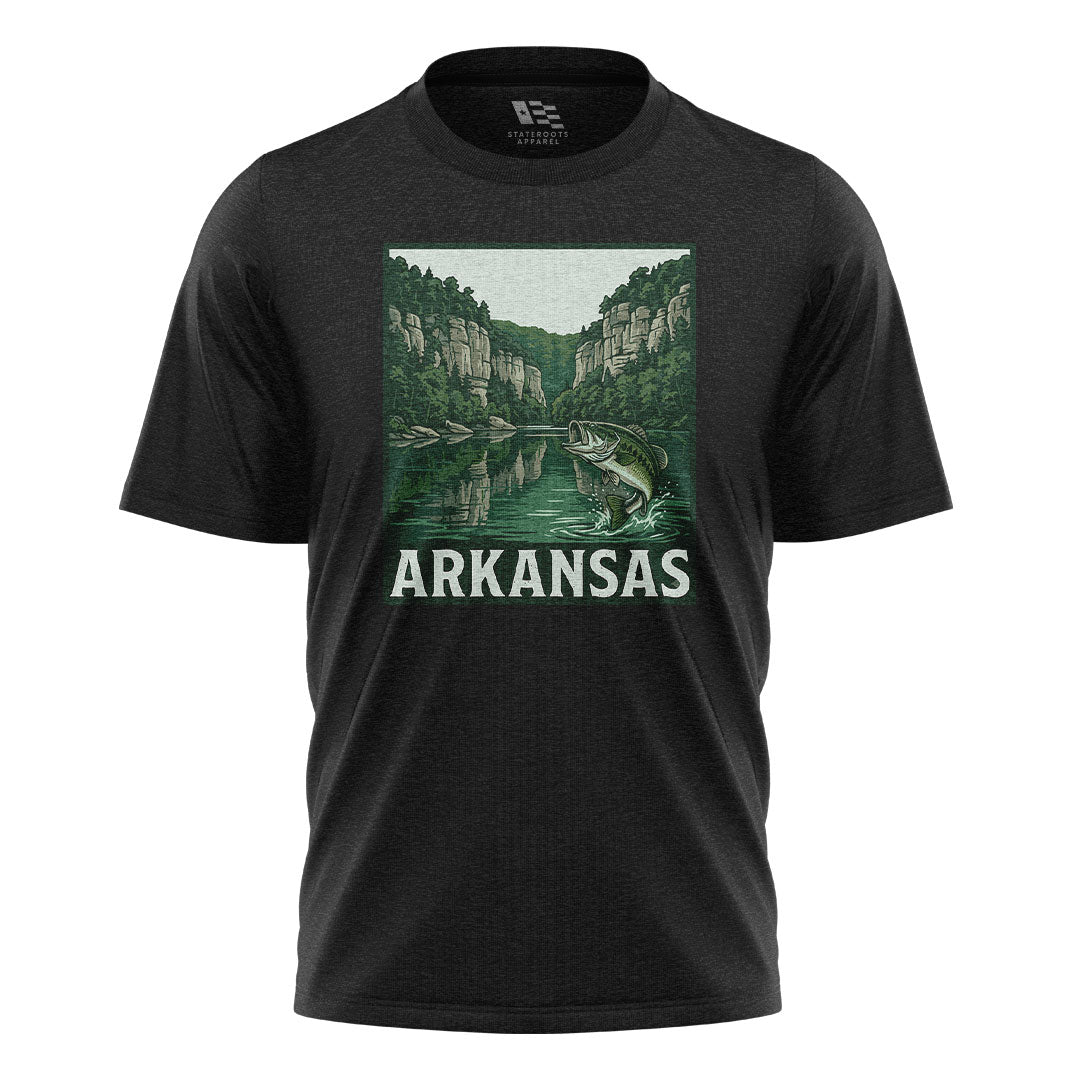 Arkansas Bass Fishing Tee - Black flatlay