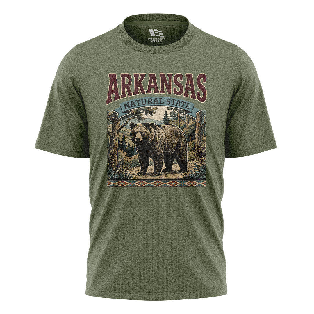 Arkansas Black Bear Natural State Tee - Military Green flatlay