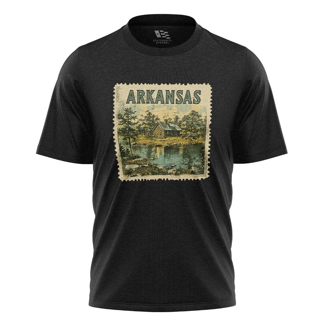 Arkansas Cabin Lake Stamp Tee - Black flatlay