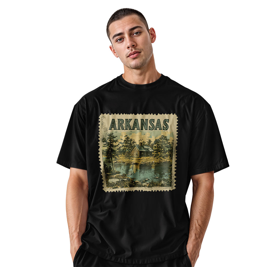 Arkansas Cabin Lake Stamp Tee - Black view