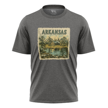 Arkansas Cabin Lake Stamp Tee - Charcoal flatlay