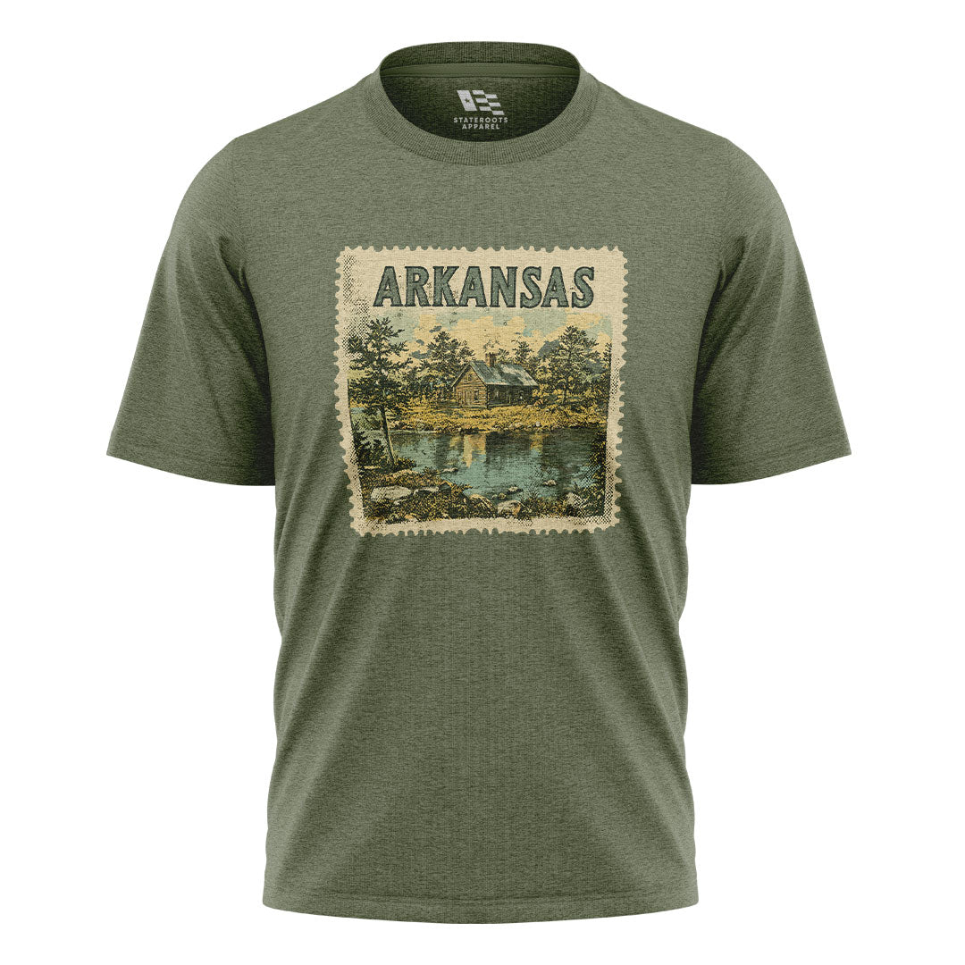 Arkansas Cabin Lake Stamp Tee - Military Green flatlay