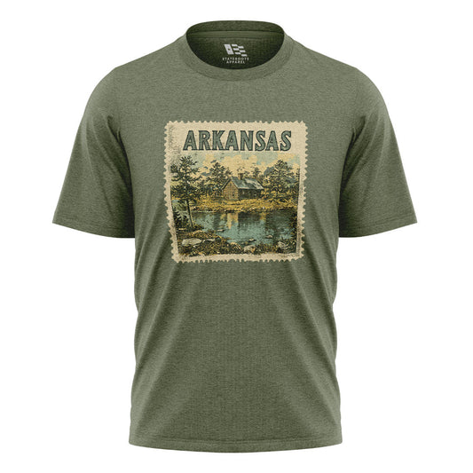 Arkansas Cabin Lake Stamp Tee - Military Green flatlay