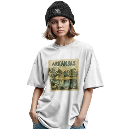 Arkansas Cabin Lake Stamp Tee - Military Green view