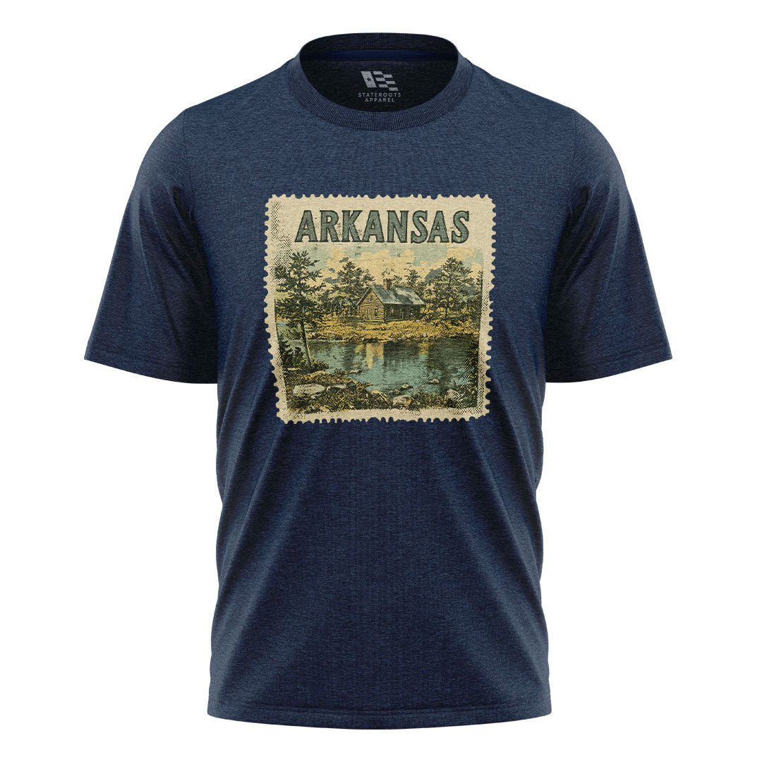 Arkansas Cabin Lake Stamp Tee - Navy flatlay