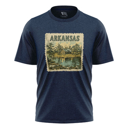 Arkansas Cabin Lake Stamp Tee - Navy flatlay
