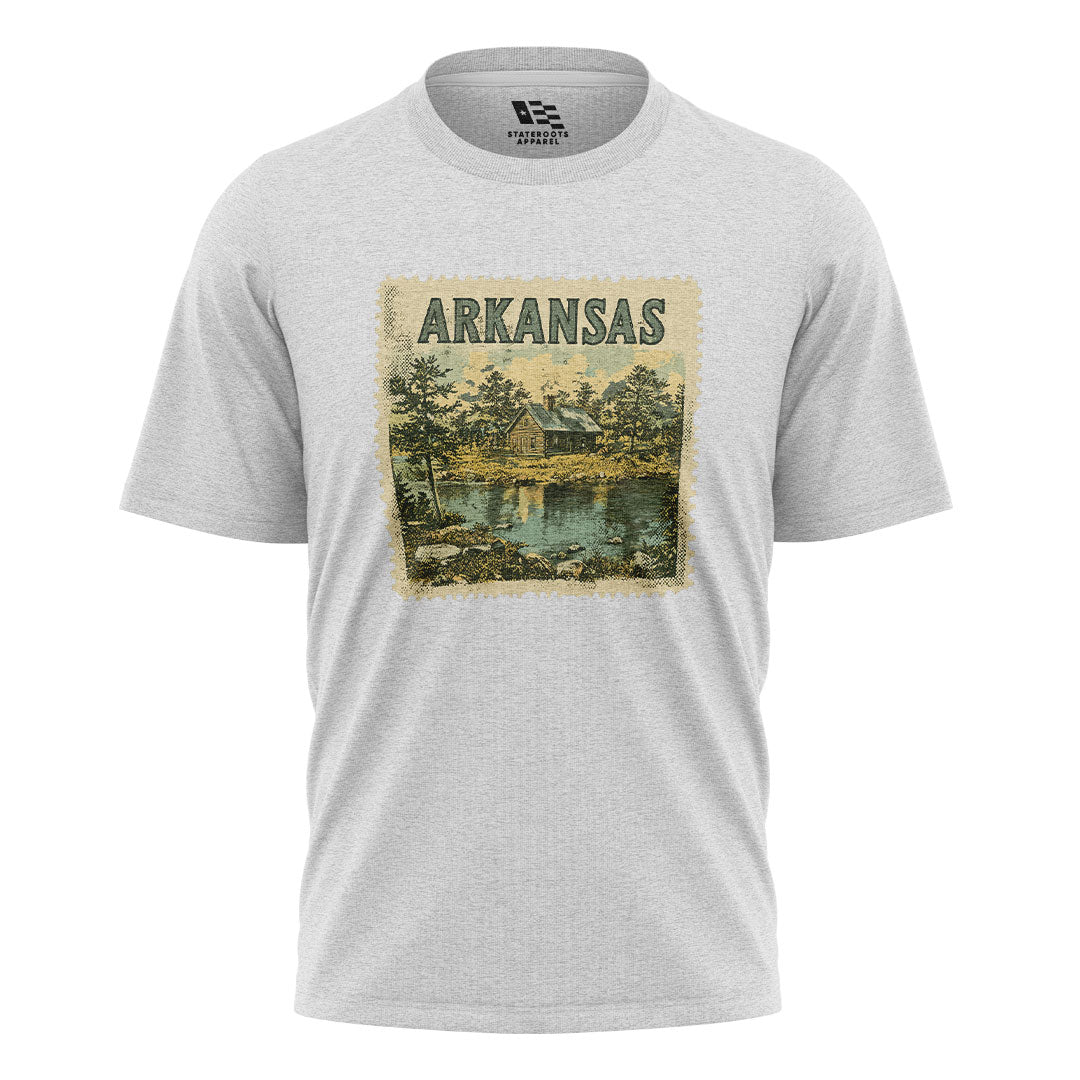 Arkansas Cabin Lake Stamp Tee - White flatlay