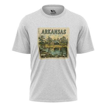 Arkansas Cabin Lake Stamp Tee - White flatlay