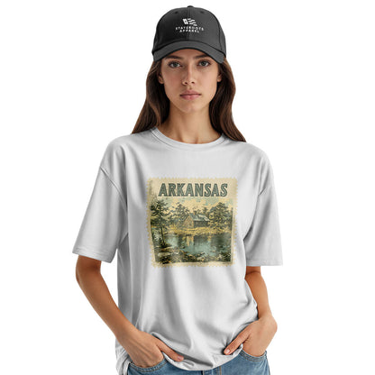 Arkansas Cabin Lake Stamp Tee - White view