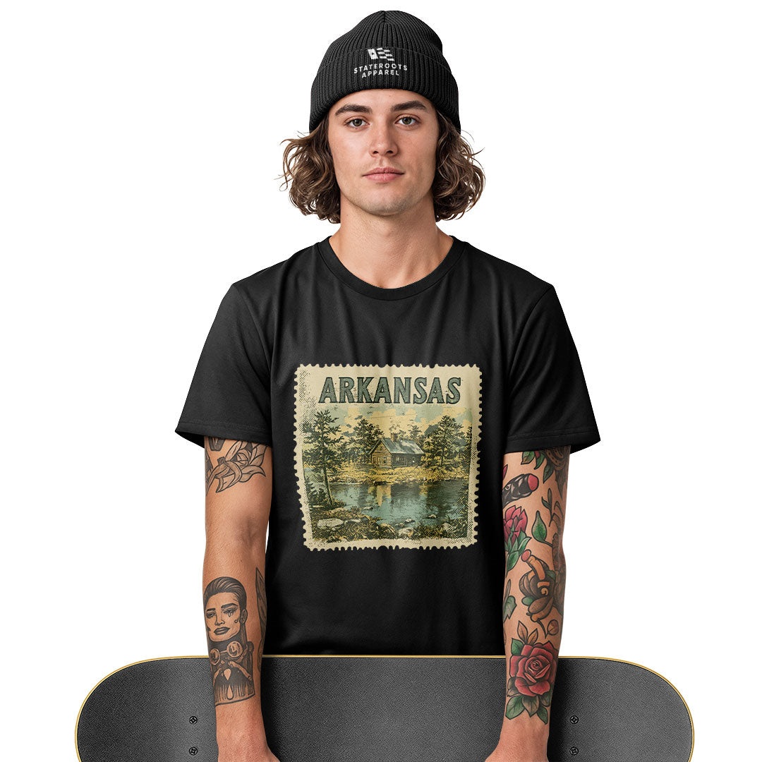 Arkansas Cabin Lake Stamp Tee - White view