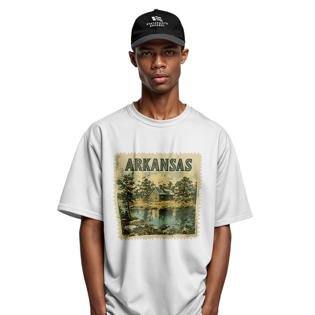 Arkansas Cabin Lake Stamp Tee - White view