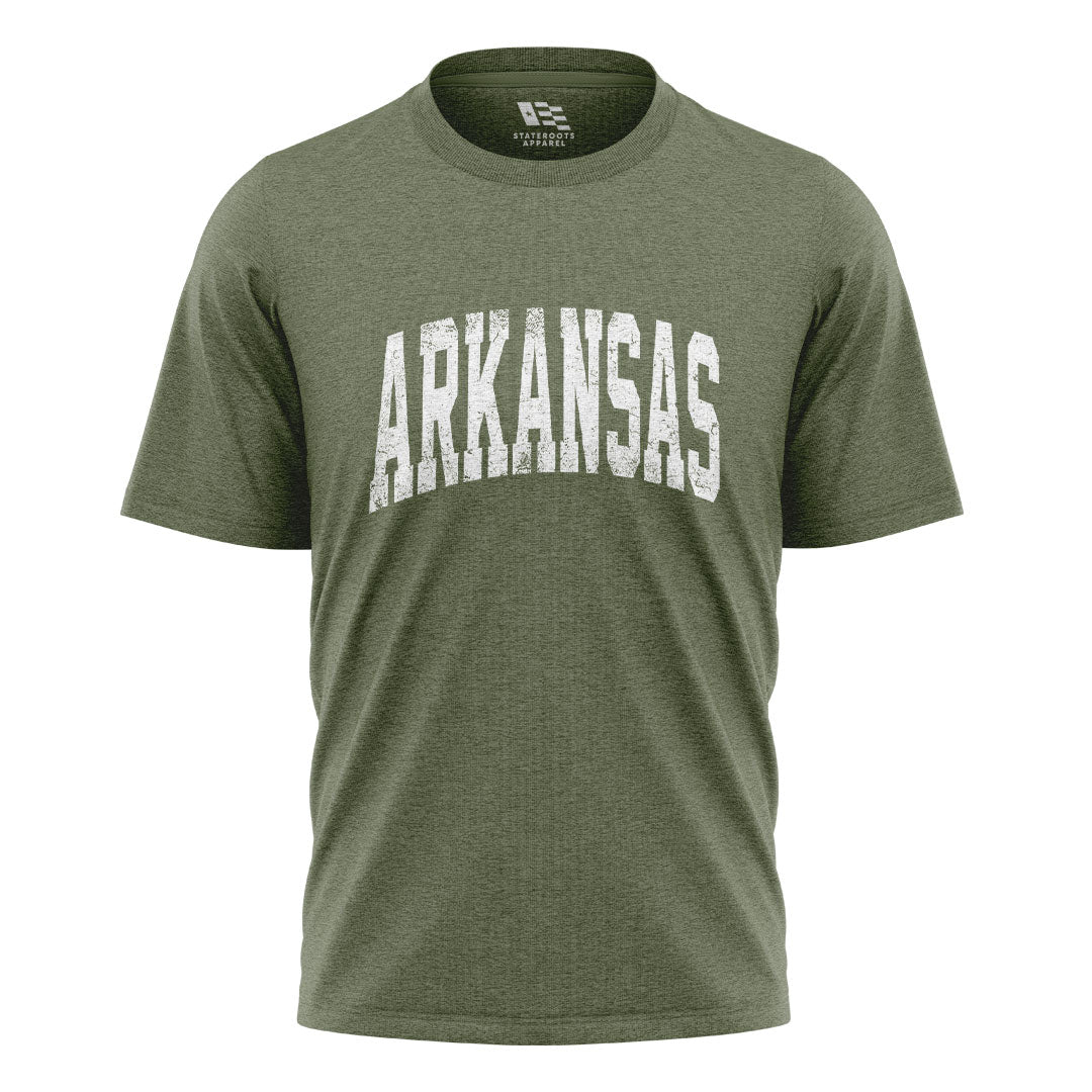 Arkansas Distressed Varsity Tee - Military Green flatlay