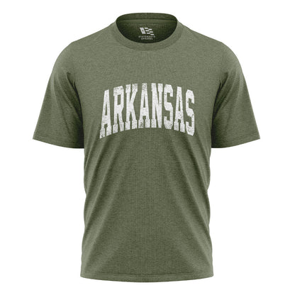 Arkansas Distressed Varsity Tee - Military Green flatlay