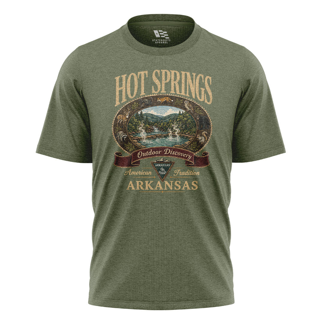 Arkansas Hot Springs Outdoor Discovery Tee - Military Green flatlay